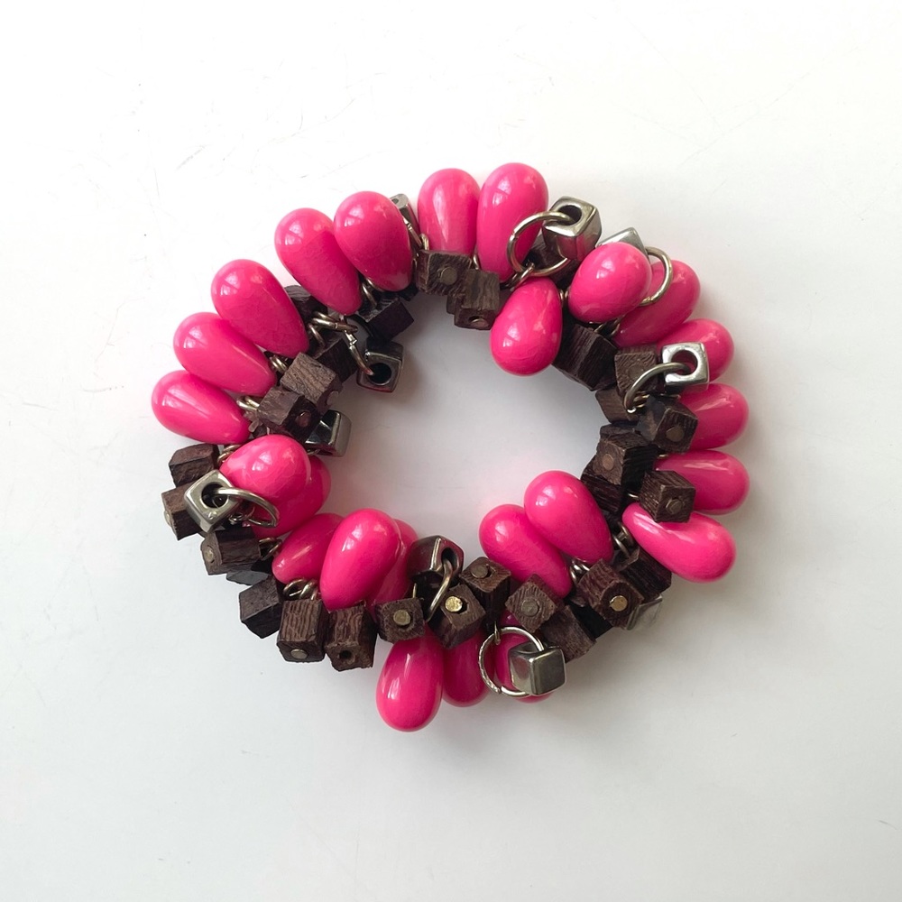 Pink Plastic and Wood Beaded Stretch Bracelet